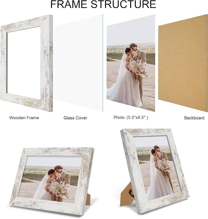 Hongkee 5.5 x 8.5 Diploma Frame Set of 4, Made of Real Glass and Distressed White Frame, 5.5 by 8.5 Photo for Wall or Tabletop