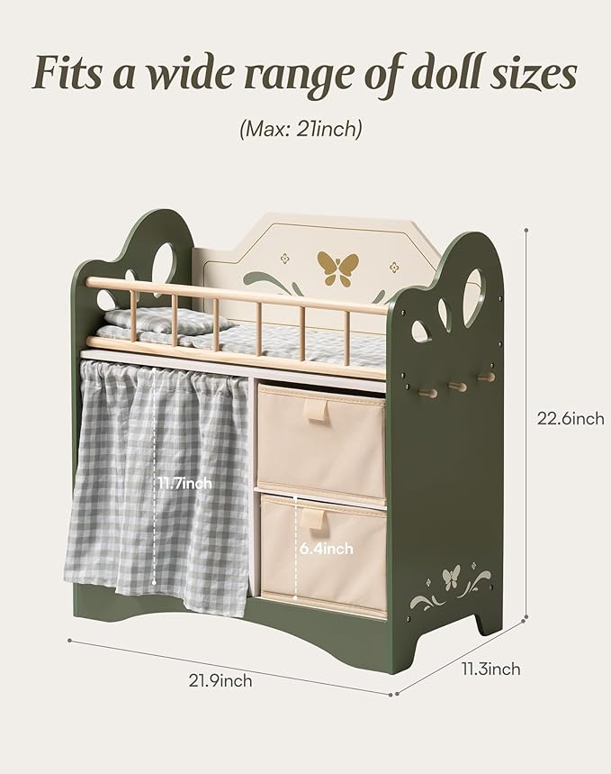 ROBOTIME Baby Doll Crib, Wooden Doll Bed, Toy Baby Crib with Storage, Bedding, and Wooden Hooks, Doll Crib Fits Dolls up to 22’’, Doll Furniture for American Girls Ages 3+ (Green)