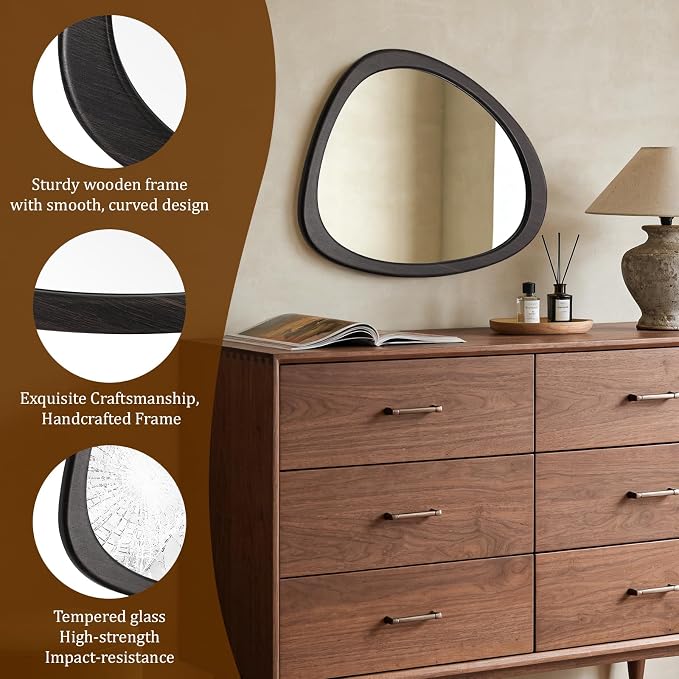 Asymmetrical Mirror, Irregular Wall Mirror, Wall Mirrors Decorative for Bedroom Living Room Entryway Hall, Wood Mirror for mid Century Modern Decor 23" H x 19" W, Dark Brown