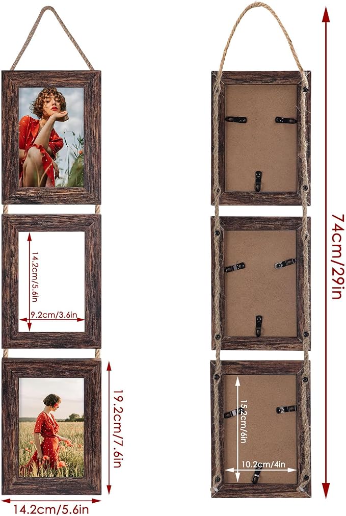 QUTREY 4x6 Picture Frames Collage, 3 Openings 4 x 6 Vertical Hanging Photo Frames Display 4 by 6 inch Pictures for Wall Decor Room Decor, Distressed Brown