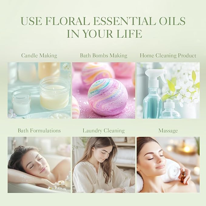 Auelife Floral Essential Oils Set, 6x10ml Rose, Jasmine, Lavender, Gardenia Pure Fragrance Oils for Diffuser, Candle Making, DIY Bath Bomb, Romantic Home Aromatherapy
