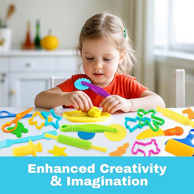 Dough Tools 17pcs Dough Tools Play for Kids Clay Accessories with Rolling Pins,Cutters,Roller,Safety Scissors,Plastic Knife