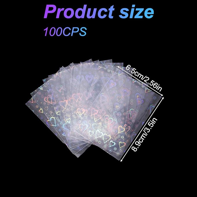 100pcs Photocard Sleeves, 3.58x2.56 in Love Heart-Shape Laser Flashing Card Sleeves Holographic Foil Protective Cover for Card Enthusiasts