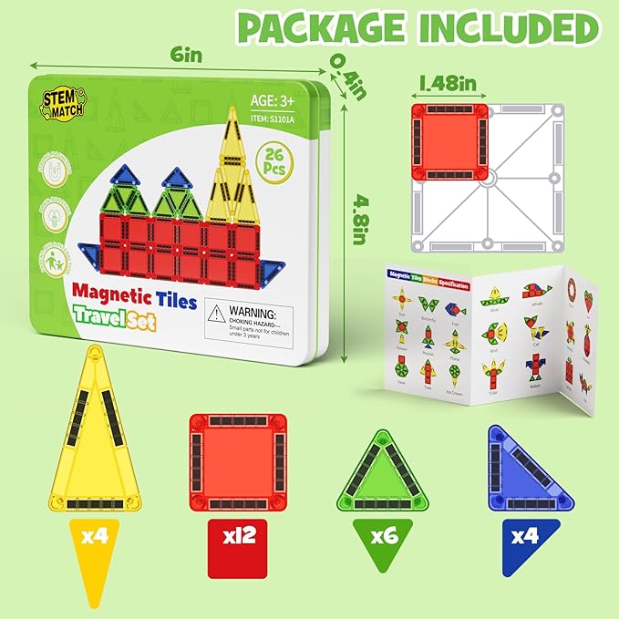 Mini Magnetic Tiles Travel Set, 26PCS Compact Magnetic Building Blocks for Kids Ages 4-8 & Toddlers 1-3, Airplane Toys with Visual Storage Guide & Metal Box