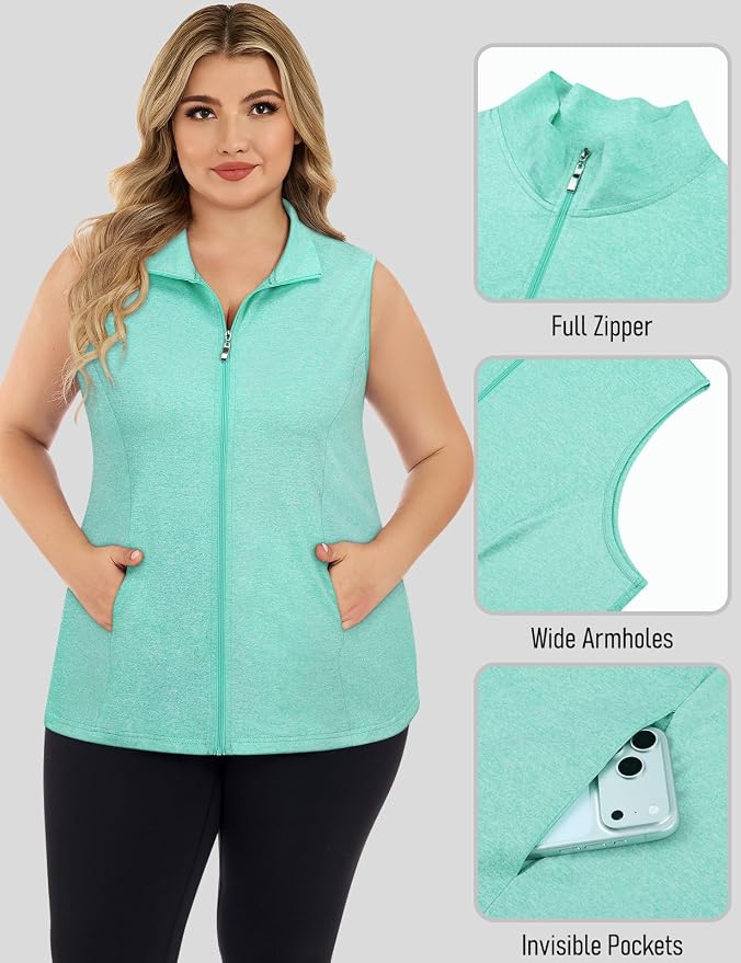 Misyula Style Plus Size Womens Golf Shirt Full-Zip with Pockets Tank Tops | Sleeveless, Quick Dry, Moisture-wicking, Lightweight Vests, Athletic, Tennis, Running, Workout, Casual, Travel, Work