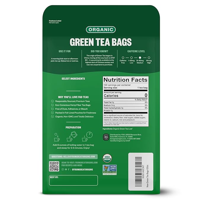 FGO Organic Green Tea, 100 Count Eco-Conscious Tea Bags, Caffeinated, Resealable Pouch, Packaging May Vary (Pack of 1)