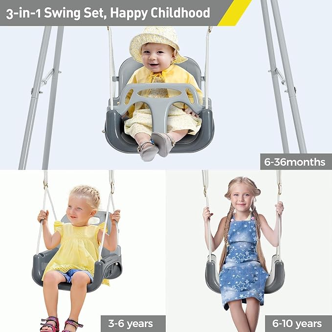 FUNLIO Toddler Swing with Foldable Metal Stand for Toddlers Aged 1~10 Years, 3-in-1 Baby Swing Set with 4 Sandbags for Backyard/Indoor/Outdoor Play, Easy to Assemble & Store, Grey