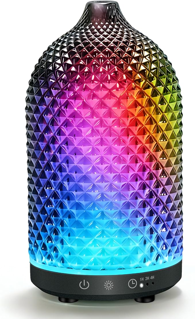 Essential Oil Diffuser 150ml, Glass Diffuser with Ultrasonic Small Humidifier, 7 Color Lights, 1/2/4H Timer, Quiet Auto Shut-Off Oil Diffuser for Bedroom, Home, Office (Black)