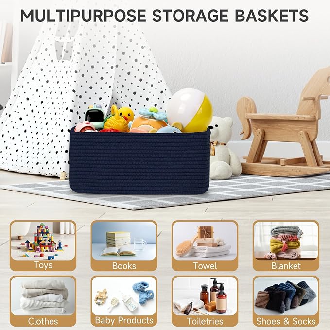 3 Pack Storage Baskets for Organizing, 13.7×9.5×6.3", Navy Blue | Woven Baskets for Shelves, Cotton Rope Basket for Gifts Empty, Closet Organizer Bins with Handles, Cube Decorative Box
