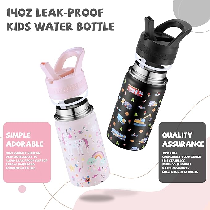 2 Pack Kids Water Bottle,14oz Stainless Steel Insulated Water Tumbler Leak-Proof,School Water Mug,Small and Portable,Suitable for Boys and Girls to Use(Black car + Pink unicorn)