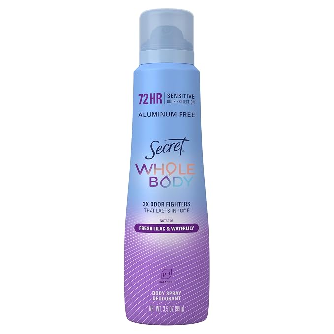 Secret Aluminum Free Whole Body Deodorant Spray for Women, 72hr Sensitive Freshness & Odor Defense, PH Balanced, Invisible Protection, Safe to Use Everywhere, Fresh Lilac & Waterlily Scent, 3.5 oz
