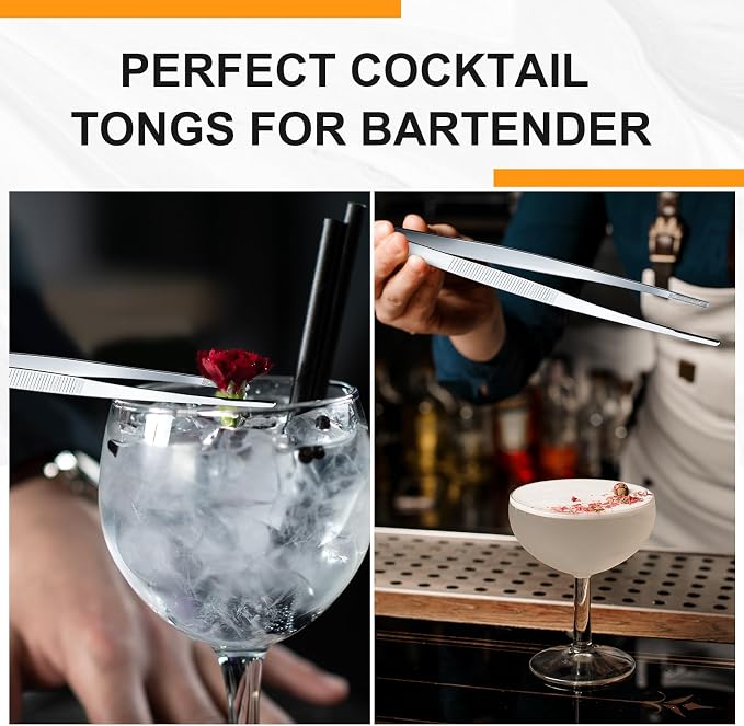 Yaomiao 4 Packs 10 Inch Bar Tweezers Silver Cocktail Tongs Long Garnish Tweezers Stainless Steel Bartender Kitchen Cooking Tongs for Cocktail Food Fruit Korean BBQ Bartender Chef, Multi-use
