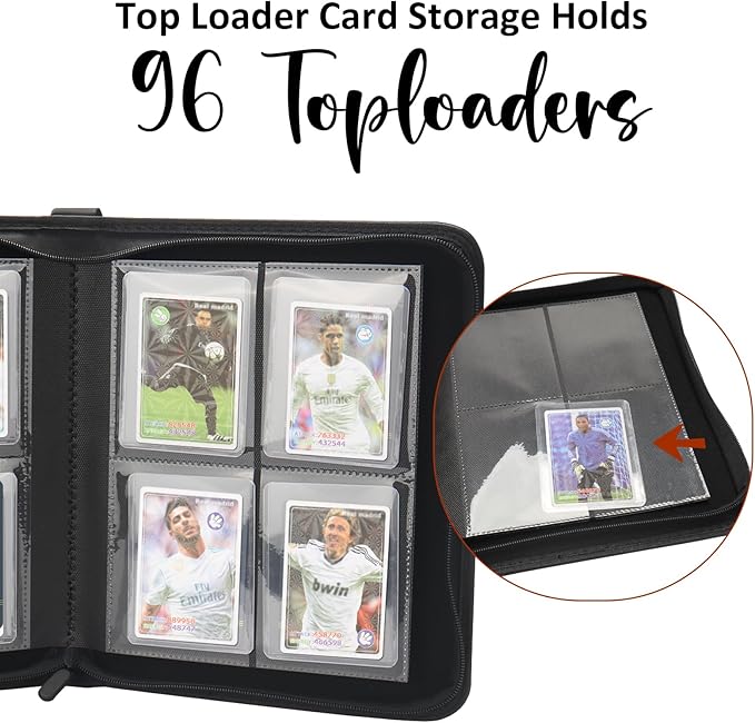 Toploader Binder, HYMENEX Top Loader Card Storage Holds 96 Cards, 4 Pocket Top Loader Card Binder for Trading Cards 3" x 4" Rigid Card Holders and Sports Cards - Classic Black