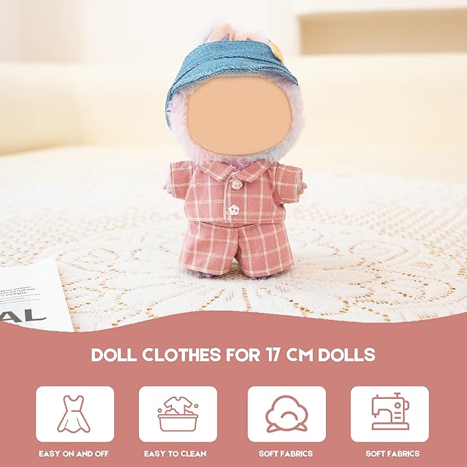 Clothes for Labubu Doll,6.7 Inch Doll Clothing Set - 3 Pieces of Handmade Clothes and Accessories for 17cm Plush Toys - Pink Plaid Shirt + Shorts + Carrot Baseball Cap