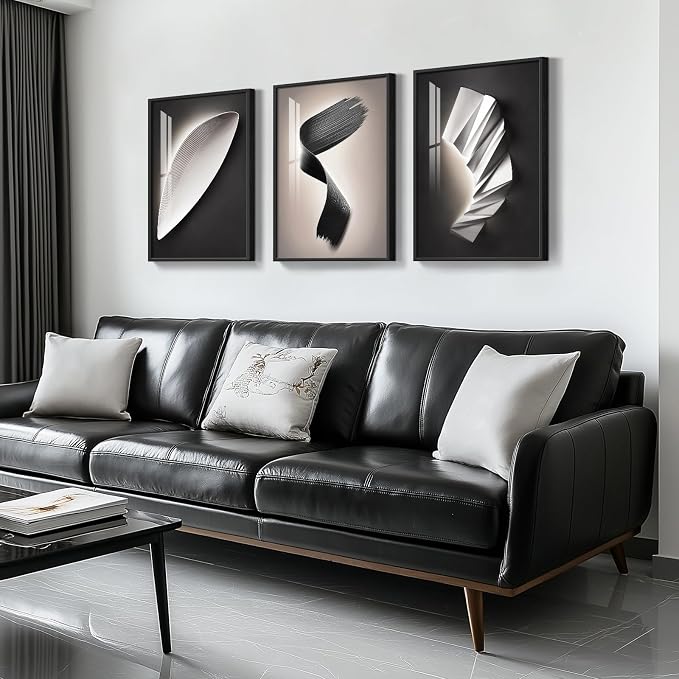 Large Framed Modern Abstract Wall Art 3 Piece Set, Black and White Decorative Artwork, Minimalist Trendy Line Geometric Bright Style Pictures Prints for Living Room Hallway and Office 20x30 Inch