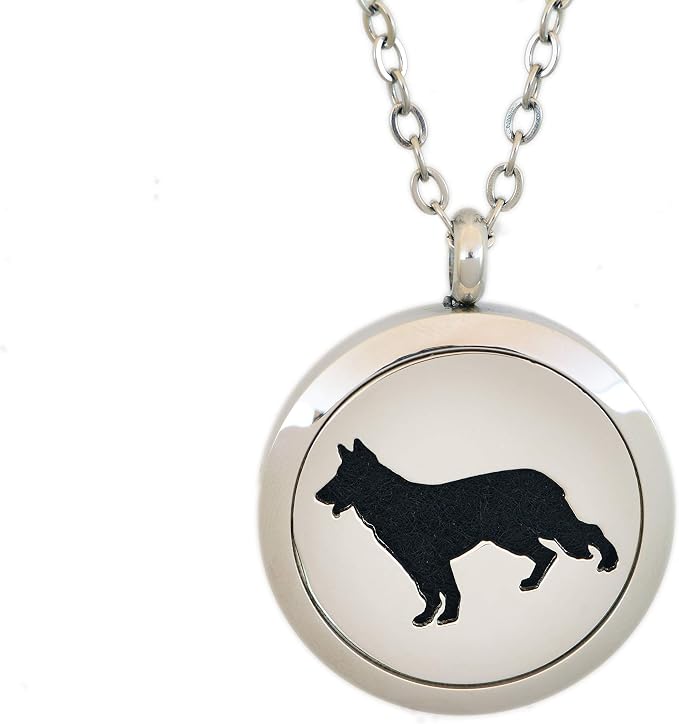 Aromatherapy Essential Oil Diffuser Stainless Steel 30MM Silver Magnetic Locket Pendant 2 Sizes Chain Necklace, Refill Pads & Diffuser Bracelet in a Velvet Bag (Dog)