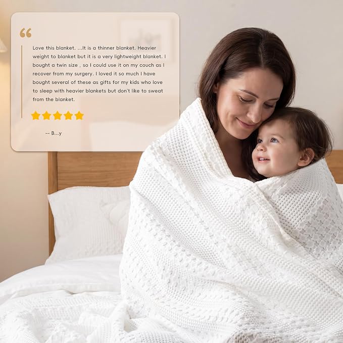PHF 100% Cotton Waffle Blanket Twin Size, Lightweight Breathable Summer Blanket for Hot Sleepers, Pre-Washed Soft Layer for Bed, Dorm, Couch & Guest Room, Home Decor Gift, 66"x90", White