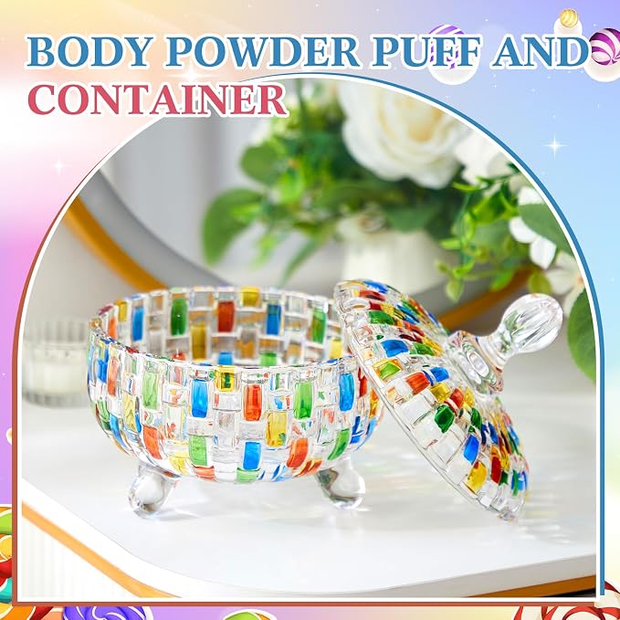 Tioncy 2 Pcs Extra Large Dusting Powder Puff and Container for Women-6'' Glass Crystal Dusting Powder Container with Body Soft Washable Reusable Velour Face(Multicolor,Weave Design)