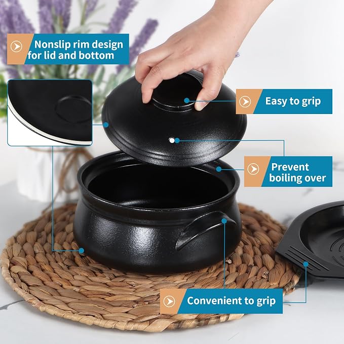 Large Korean Ceramic Bowl with Lid and Trivet, 54 oz Sizzling Hot Pot with Double Handles for Cooking and Serving Dolsot Bibimbap, Soup, Rice, Stew, Casserole, Noodle (Frosted Black)