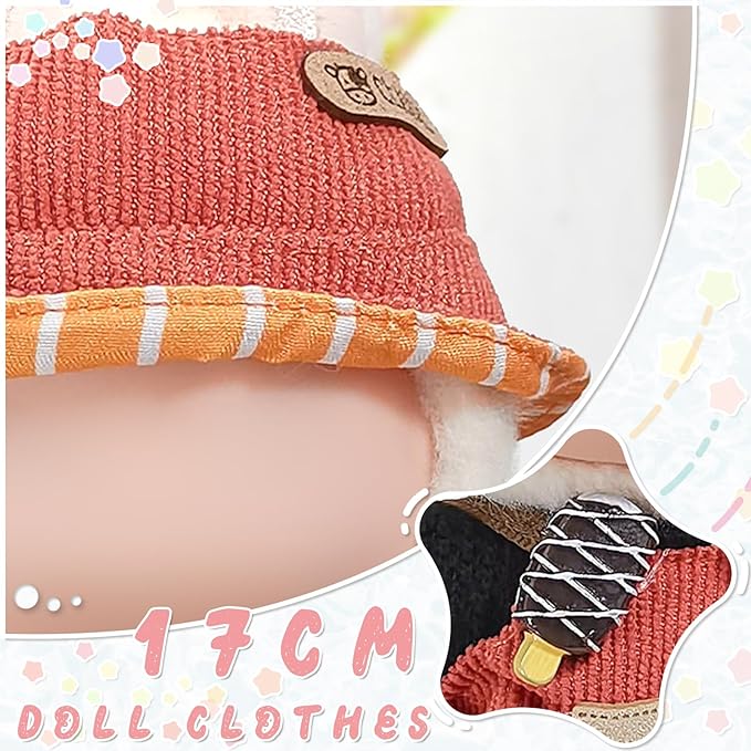 Doll Clothes for 17cm Dolls, Cute Outfit Set with Accessories, Bucket Hat and Overalls (No Doll) (Orange Overalls Set)