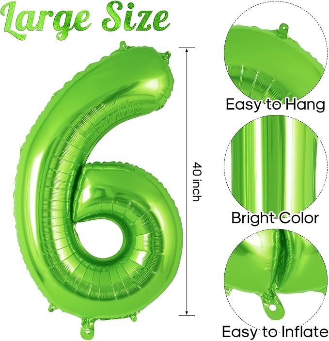 Dinosaur Green Number 6 Balloon, 40 Inch Big Large Foil Helium Green Number Balloon with 4 Pcs Mini Dinosuar, Dinosuar Balloons Set for 6 Year Old Birthday Party Decorations Supplies