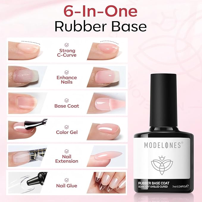 modelones Builder Rubber Gel Base Coat for Nails, Sheer Light Pink Rubber Base Gel Nail Polish for Strengthen Apex Building Extension Protect Weak Nails Long Last U V Manicure Gift for Women