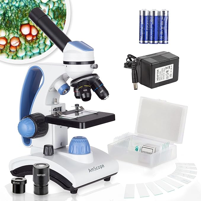 AmScope M162C-2L-PB10-WM"Awarded 2018 Best Students and Kids Microscope Kit" - 40X-1000X Dual Light All Metal Microscope with Slides and Microscope Book, Blue