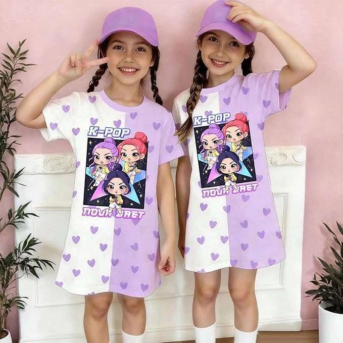 Girl's Anime K-POP Graphic Long Dress T-Shirt - Casual Loose Fit Short Sleeve Top