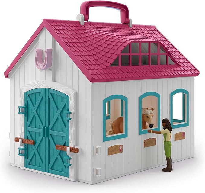 Schleich Horse Club - 60PC Little Horseshoe Open Stable Playset - Easy Carry Set with 2 Horse Figurines, Action Figure, Stable and Accessories - Toy Horses for Girls and Boys - Kids Ages 4+ | 42703