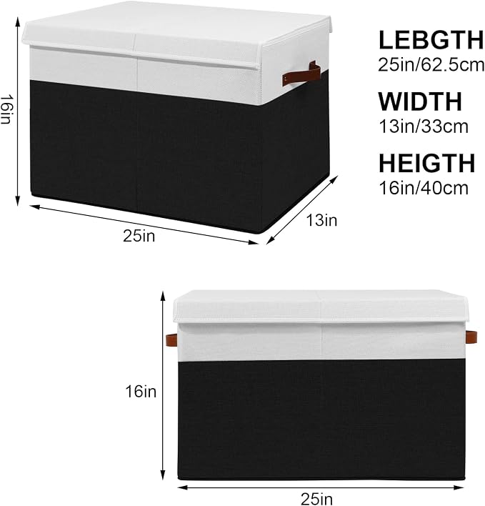 Large Toy Storage Box with Lid, Toy Chest Bin Boxes Basket with Dividers | Sturdy Toy Organizer Bin for Kids, Boys, Girls, Nursery, Living Room, Bedroom, Playroom 25"x13" x16" (Black and White)