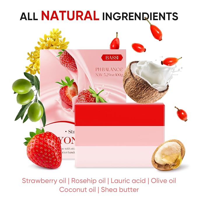 3 Pack Yoni Soap Bars for Women, Feminine Cleansing Bar Soap for Daily Freshness & Gentle Care, Vaginal Care Soap with pH Balance Inspired Formula, Eliminates Odor, Handmade Strawberry Body Soap