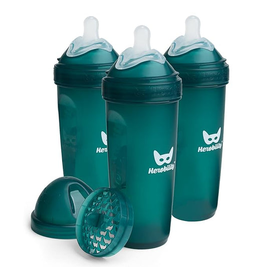 Herobility Double Anti-Colic Baby Bottles – 12 fl oz/340ml – 3-Pack – Dark Green