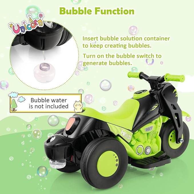 HONEY JOY Ride On Motorcycle, 6V Toddler Motorcycle with Bubble Maker, LED Light, Music, Foot Pedal, Forward/Backward, 3-Wheel Battery Powered Electric Motorcycle for Kids, Gift for Boys Girls (Green)