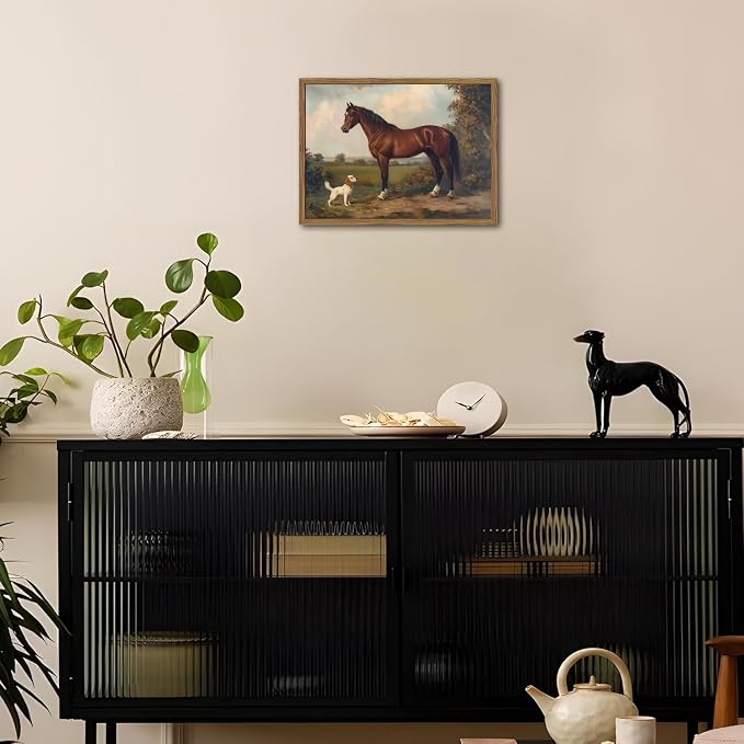 Framed Vintage Wall Art, Rustic Horse and Dog Pictures Wall Decor, Farmhouse Animal landscape Paintings Canvas Prints Neutral Aesthetic Home Decor for Living Room Bedroom Bathroom Office 12x16 inch