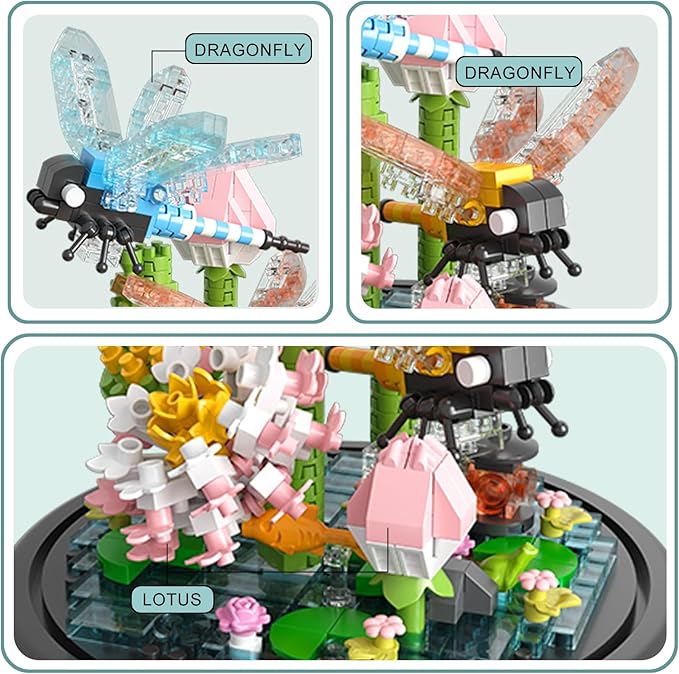 Insects Flower Building Set,Adult Mini Animals Friend Set,Insect Collection Gift for Kids,Party Favors Bugs Building Block Kit,Valentines New Year Birthday Gift for Boys Girls(Dragonflies)