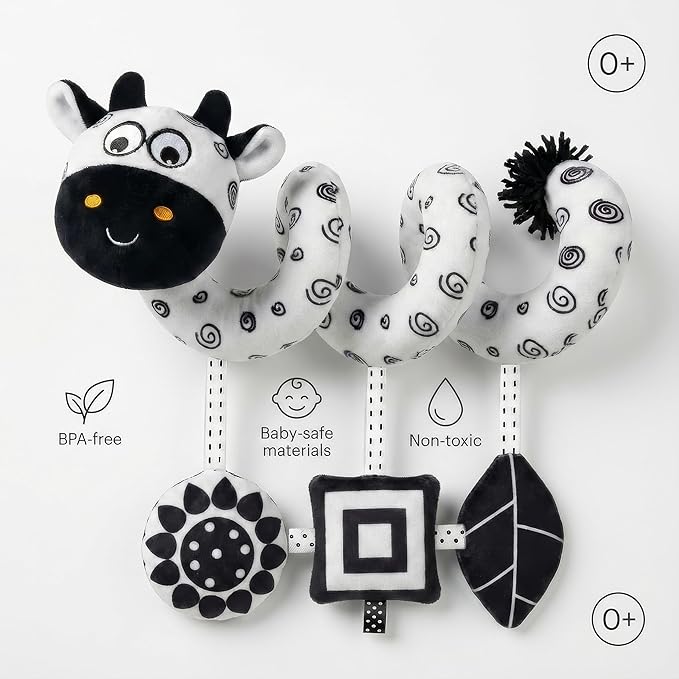 Car Seat Toys – Baby 0-6 Months High Contrast Black & White Spiral Car Seat Toy, Carseat Hanging for Newborn, Stroller, Baby Stroller Toy, Infant 0-6 Months, Crib Hanging