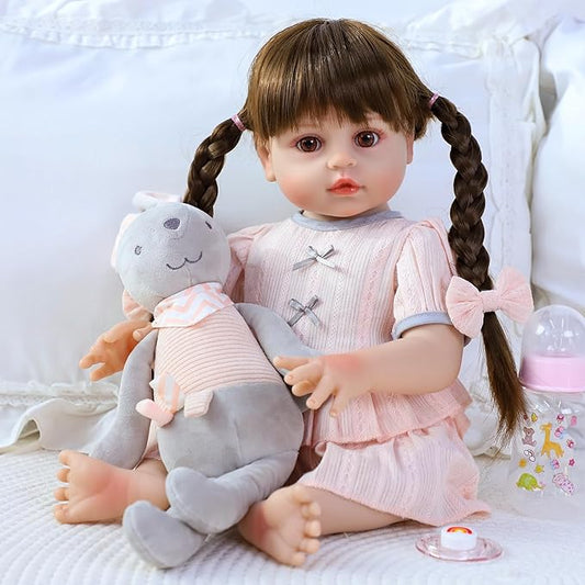 SCOM Lifelike Reborn Doll, Full Silicone Body - 18 Inch Realistic Dolls Girl with Long Hair Handmade, With Cloths and Accessories, For Christmas, Birthdays, Idea Gift for Mothers, Girls and Collectors