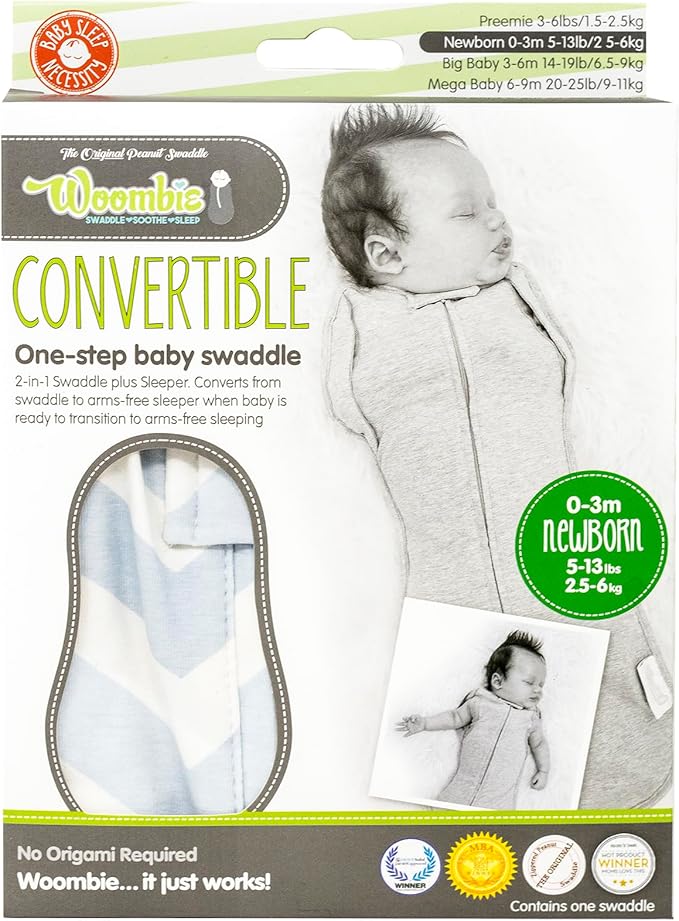 Woombie Convertible Baby Swaddle Blanket, Converts to Wearable Blanket for Babies Up to 6 Months, Blue Chevron, 14-19 lbs