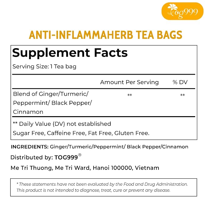 120 Tea Bags - Anti-Inflammaherb Loose Leaf Tea, 100% Natural from Ginger, Turmeric, Peppermint, Black Pepper, Cinnamon. Made with Natural Material Tea Bags. No Sugar, No Caffeine, No Gluten, Vegan.