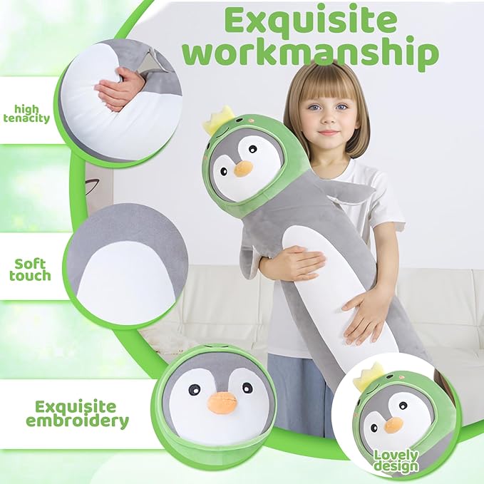 36 inch Long Penguin Plush Pillow Toy Soft Stuffed Animal with Cute Dinosaur, Cuddle Sleeping Body Pillow Penguin Plushies Gifts for Kids Boys Girls, Birthday