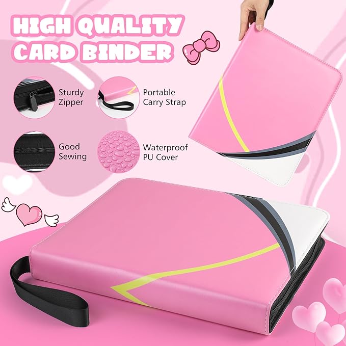 9 Pocket Card Binder for Pokemon Card, 720 Pockets Card Binder Holder with 40 Removable Sleeves, 3-Ring Zip Design Trading Card Albums for MTG/TCG/Sport Collectible Gifts for Boys and Girls (Pink)