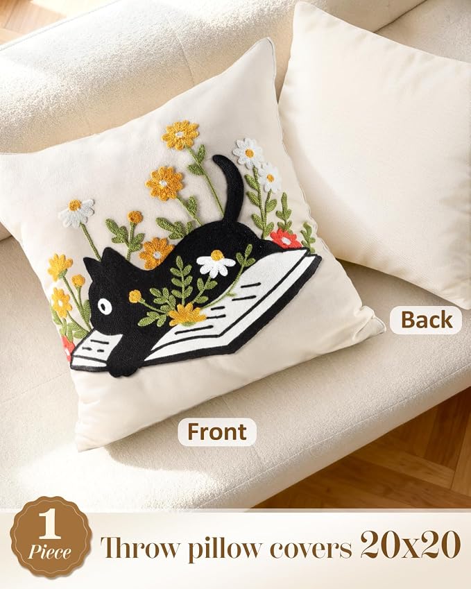 Animal Embroidered Throw Pillow Cover 20x20 Inch, Cat Floral | Decorative Pillow Cover, Farmhouse Cushion Cases with Hidden Zipper, Cottagecore Decor for Couch, Sofa, Living Room