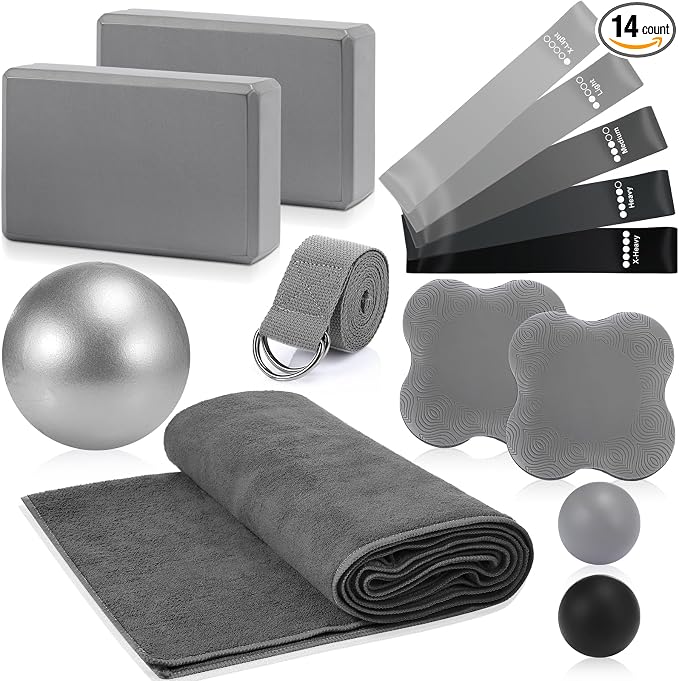 Simgoing 14 Pcs Yoga Kits for Home Workouts Pilates Equipment Set for Women Beginners, Hot Yoga Towel Blocks Strap, Knee Pad, Resistance Loop Exercise Band, Massage Lacrosse Ball, Pilates Ball