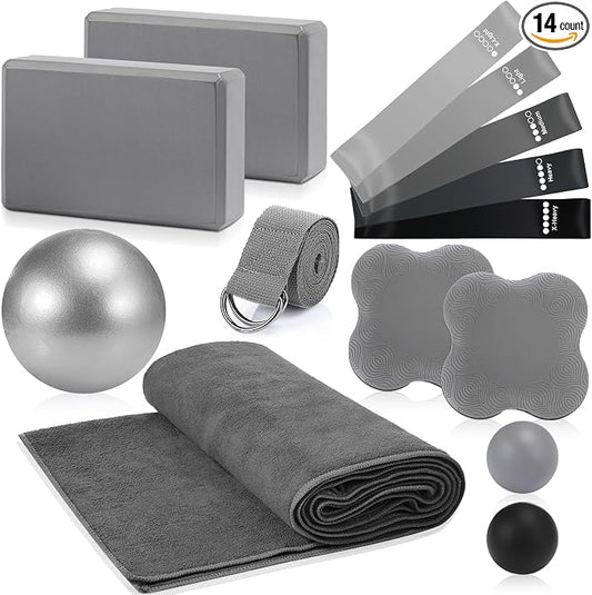 Simgoing 14 Pcs Yoga Kits for Home Workouts Pilates Equipment Set for Women Beginners, Hot Yoga Towel Blocks Strap, Knee Pad, Resistance Loop Exercise Band, Massage Lacrosse Ball, Pilates Ball