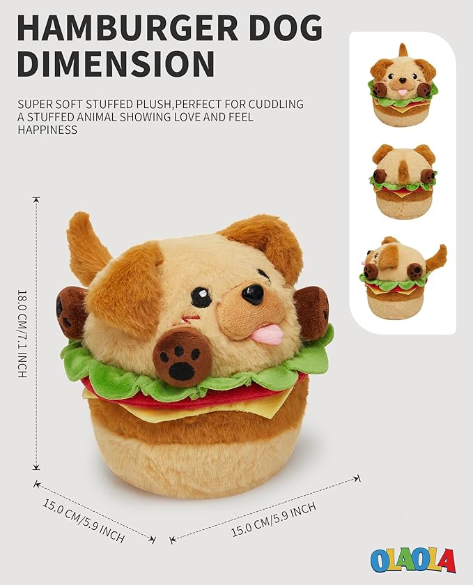 OLAOLA Cute Dog Stuffed Animals Hamburger Dog Plush Toys, 7 Inch Kawaii Hamburger Plushie Toy for Kids Adults