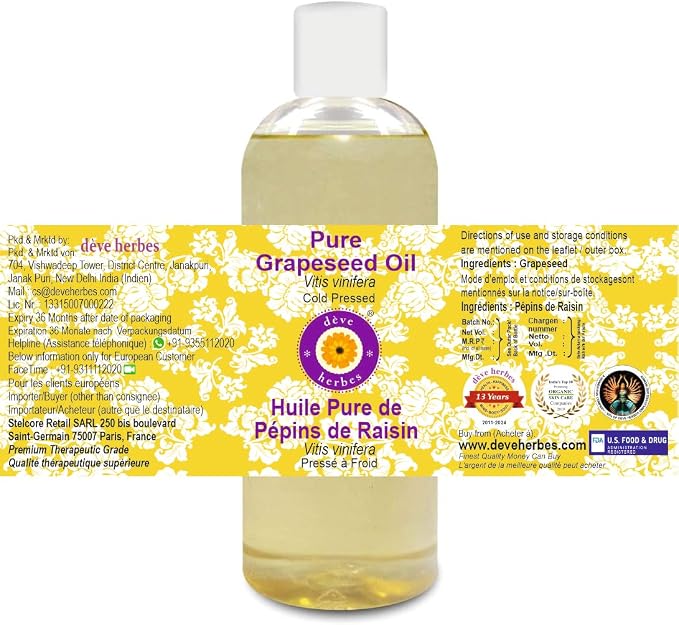Deve Herbes Pure Grapeseed Oil (Vitis vinifera) 100% Natural Therapeutic Grade Cold Pressed 200ml (6.76 oz)