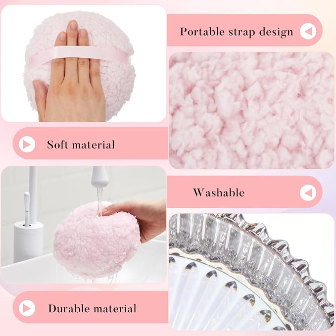 Tioncy 2 Pcs Extra Large Dusting Powder Puff and Container for Women-6'' Glass Crystal Dusting Powder Container Soft Washable Reusable Velour Face(Dazzling,Classic)