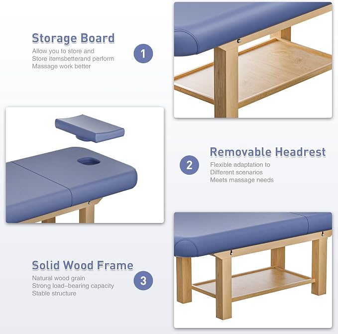 Heavy Duty Frame Professional Massage Table with Adjustable Backrest & Height Legs & Face Pillow, PU Leather, for Treatment, Physical Therapy, Spa Facial Professional Massage (Wood, Blue)