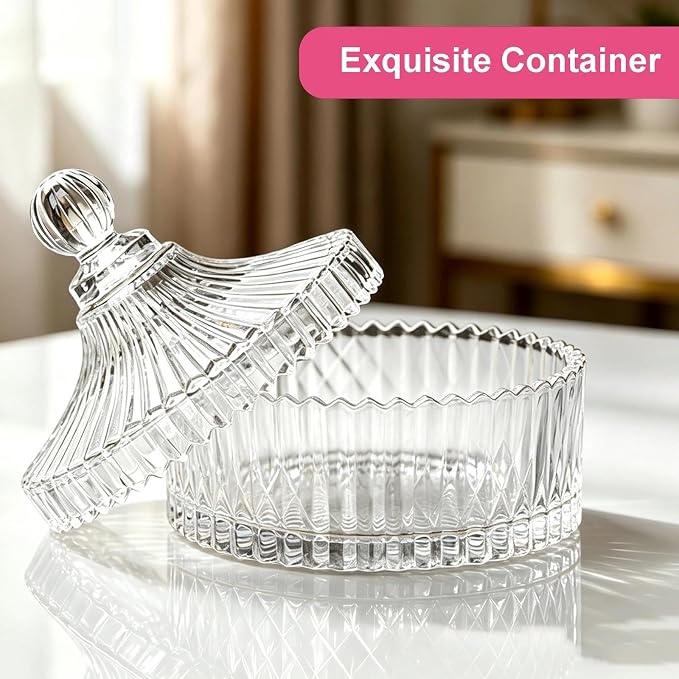 Big Body Powder Puff and Container, Glass Powder Container with Puff for Body and Face, Crystal Case and 6'' Soft Washable Reusable Velour Puff for Wet Dry Makeup（Yurt, Clear)