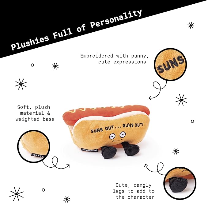 Hot Dog Plushie - Suns Out, Buns Out Cute Hot Dog Plush, Sassy & Funny Food Plush Toy for Gifting